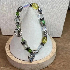 Green & Clear Glass Beads with Millefiroi Beads & Silver Beads - Angel Charm